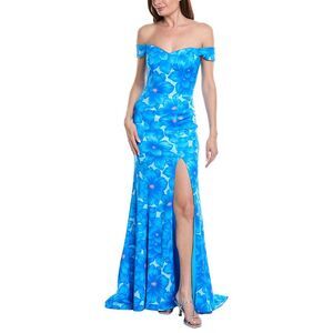Rene Ruiz Womens Off-The-Shoulder Folded Neckline Gown, Blue